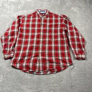 Tommy Hilfiger L Men Red Plaid Embroidered Crest Pocket Button Flannel Shirt Dad